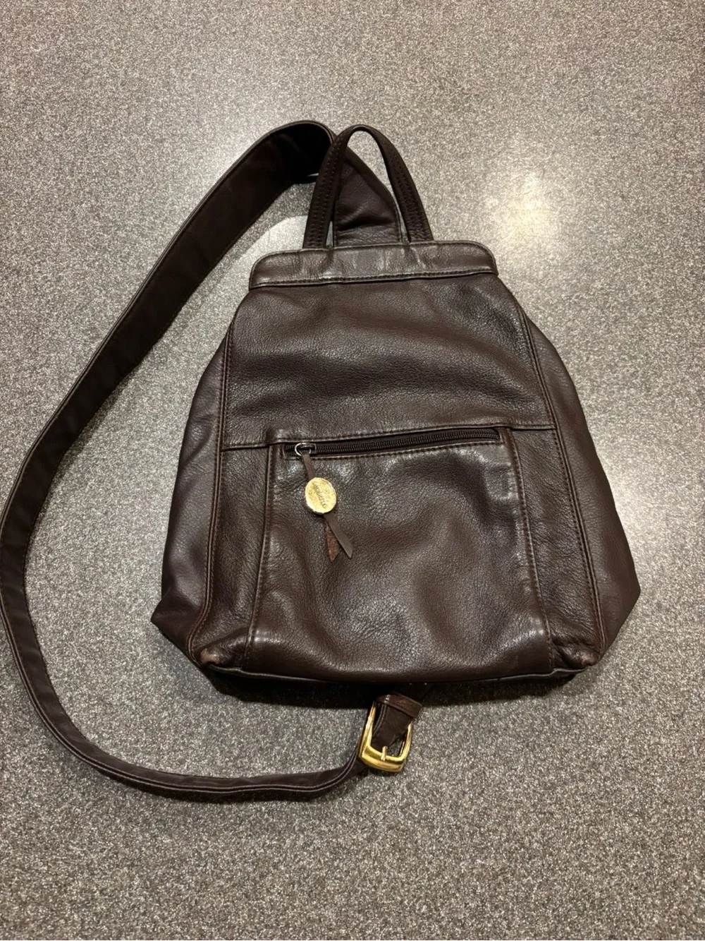 Aurielle Dark Brown Leather Crossbody Backpack with Gold Accent